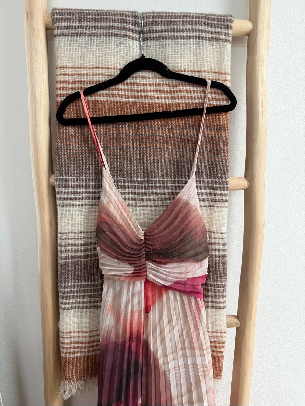 Pleated Multicolor Spaghetti Strap Maxi Dress - Pink & Brown Tones